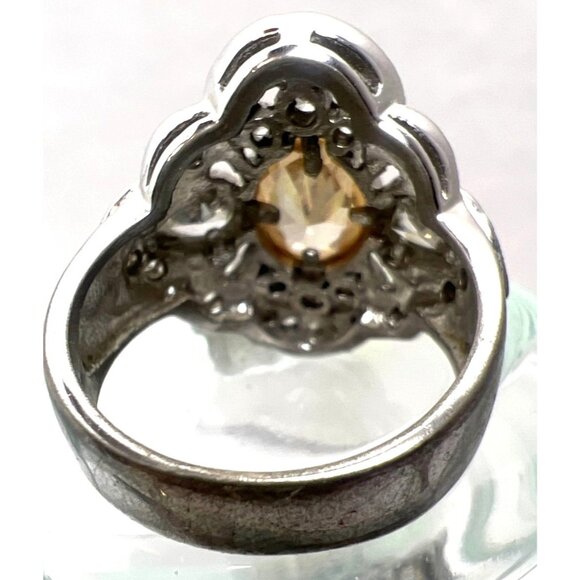 Sterling Silver Ring CZs Champaign & Clear Bezel Set Intricate Cluster Design - Picture 8 of 9